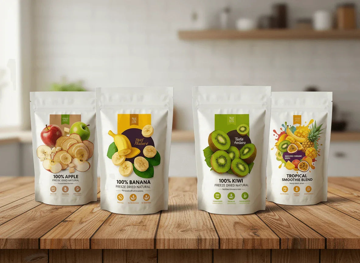 Family Fruit 24-Pack (24 Small Pouches) featuring freeze-dried apple, banana, kiwi, and tropical smoothie blend.