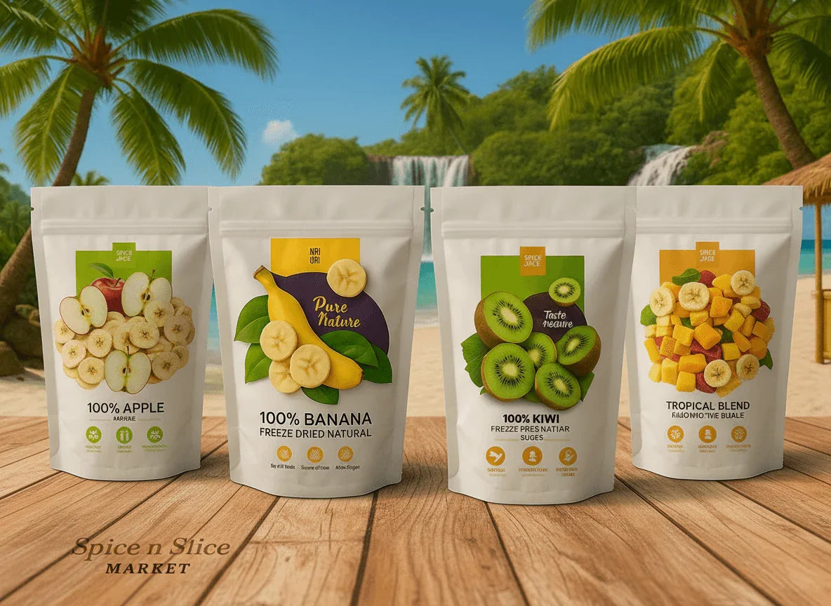 Spice n Slice Market freeze dried apple, banana, kiwi, and tropical fruit pouches on tropical beach