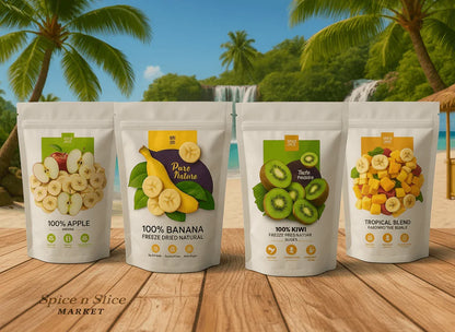 Spice n Slice Market freeze dried apple, banana, kiwi, and tropical fruit pouches on tropical beach