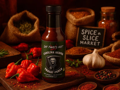 Carolina Reaper hot sauce bottle with chili peppers, garlic, spices, and market sign