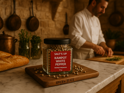 Kampot white pepper jar on kitchen counter, chef chopping herbs, rustic kitchen decor