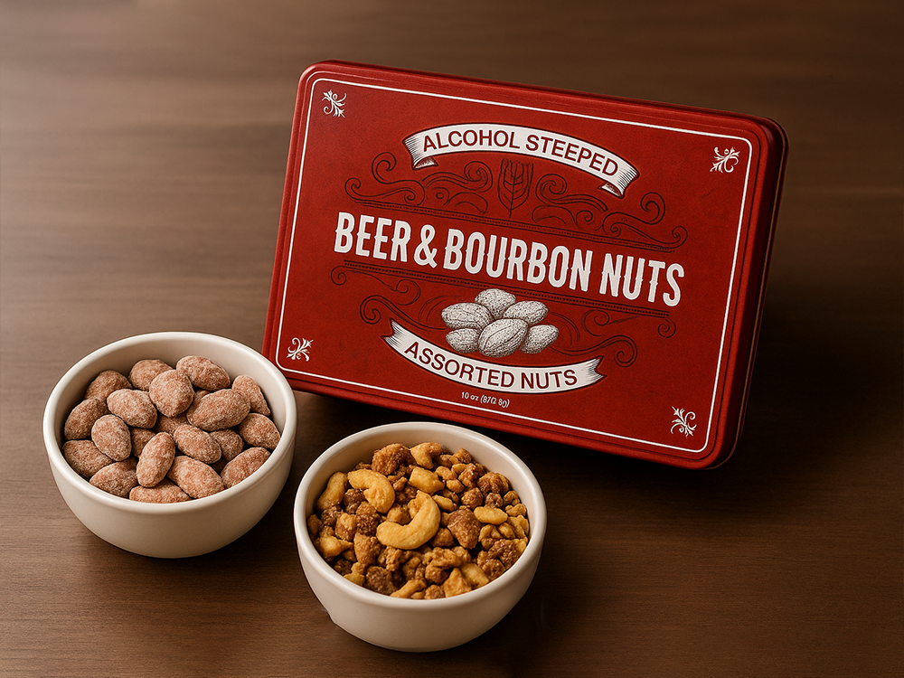 Beer & Bourbon Liquor Nuts Gift Tin - 3 Spirit-Inspired Nut Flavors