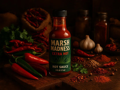 Marsh Madness extra hot sauce bottle with chili peppers, spices, and garlic on a rustic table.