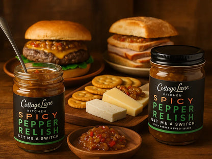 Cottage Lane Kitchen spicy pepper relish jars with burger, cheese, crackers, and sandwich.
