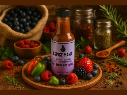 Very Berry Hot Sauce bottle with fresh berries, peppers, and spices in a market setting