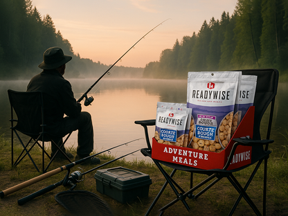 Man fishing at lakeside with ReadyWise Adventure Meals on chair, camping gear nearby