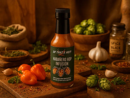 Habanero Hop Infusion hot sauce bottle with habanero peppers, hops, spices and garlic