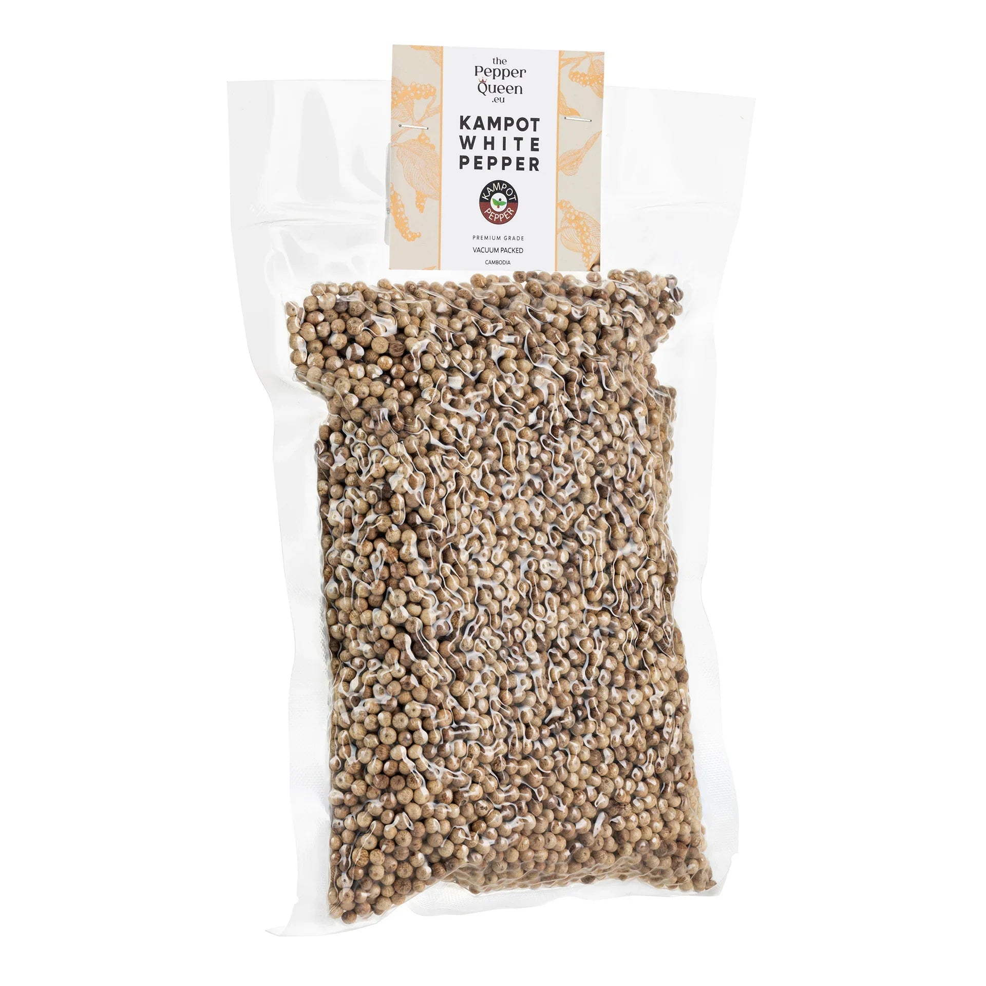 Vacuum-packed 500g bag of Kampot white pepper by The Pepper Queen, premium grade from Cambodia
