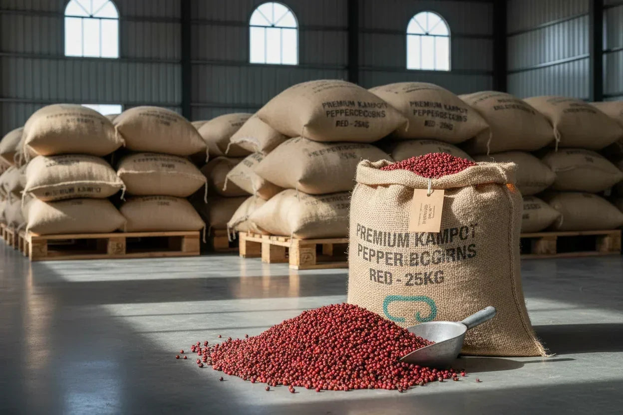 Burlap sack of premium Kampot red peppercorns 25kg with spilled pepper and metal scoop in warehouse