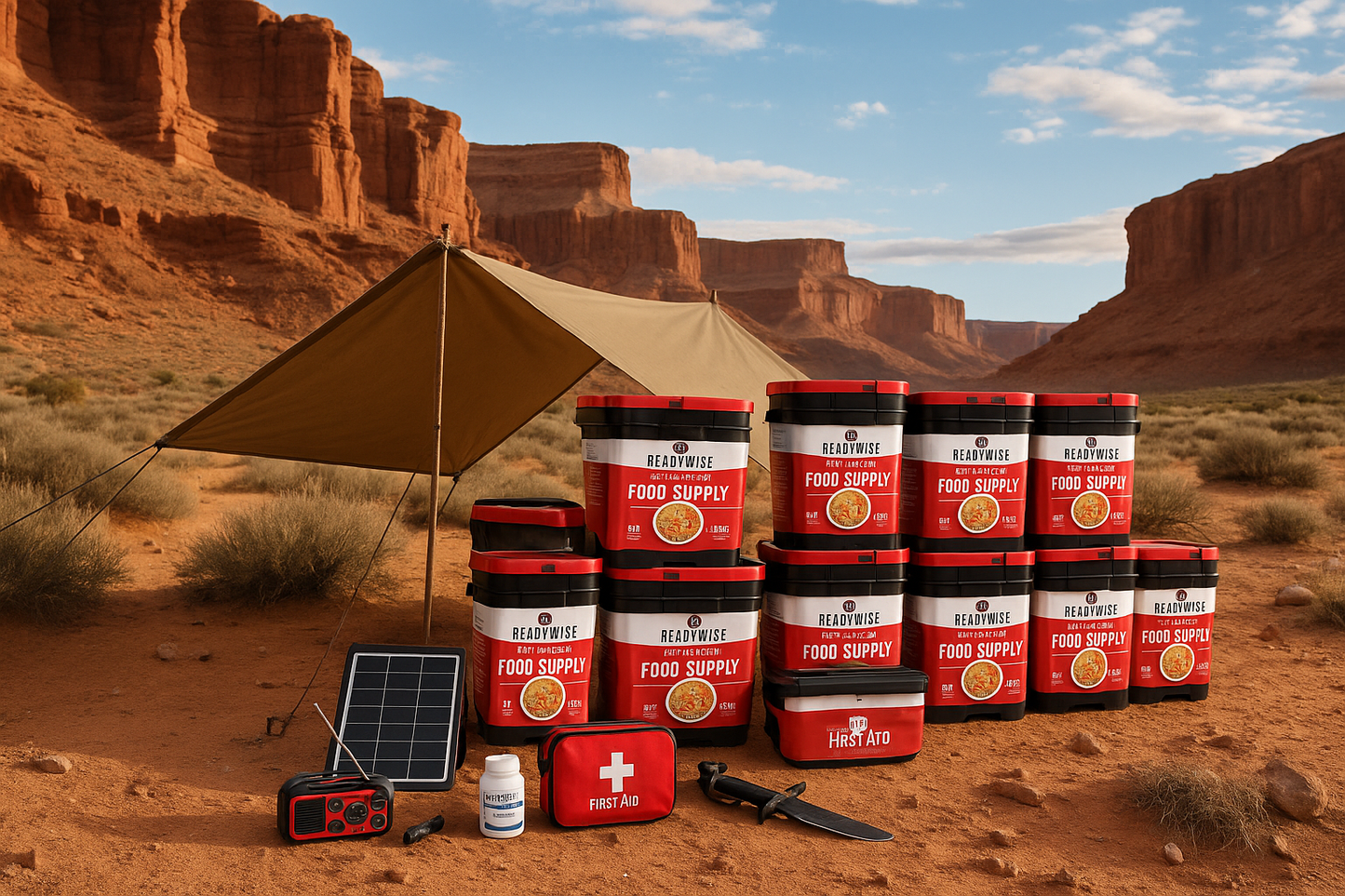 Wilderness survival camp with ReadyWise emergency supplies