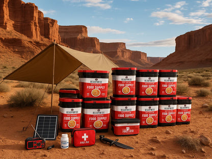 Wilderness survival camp setup with ReadyWise emergency food supplies, first aid kit, solar panel, and gear in a desert canyon landscape.
