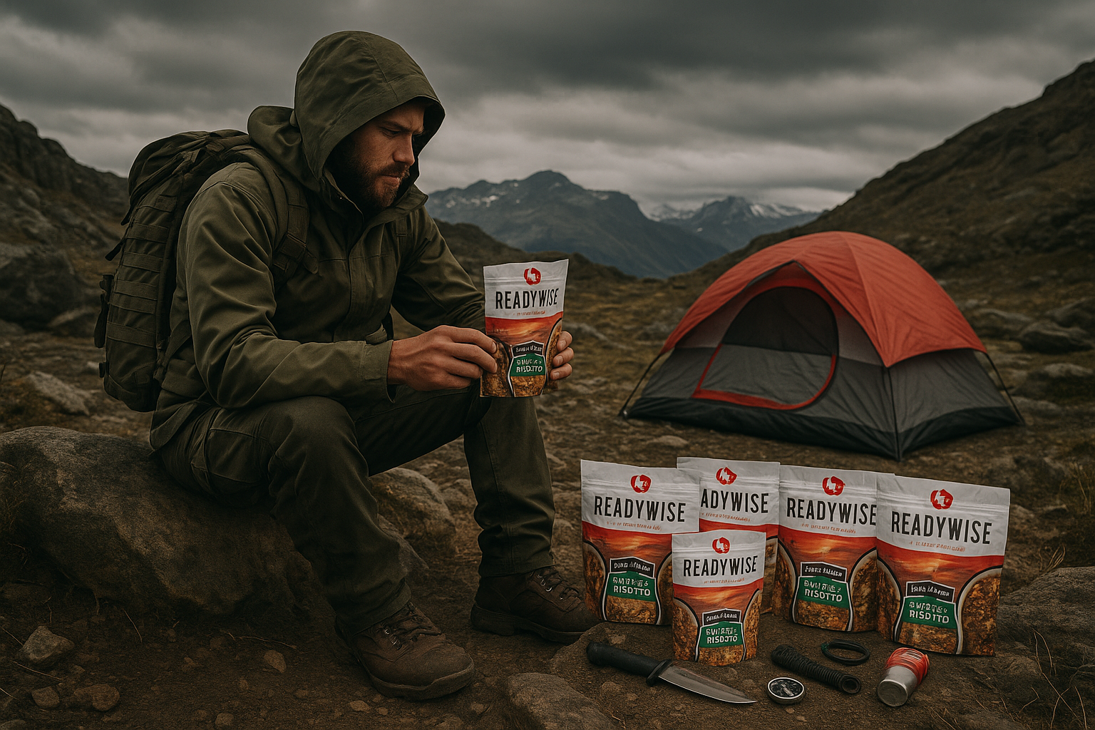 Wilderness survival scene with ReadyWise meals