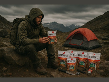 Camper in wilderness with ReadyWise survival meals, gear, and tent outdoors