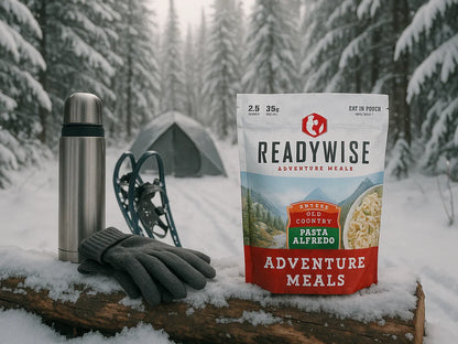 ReadyWise pasta alfredo adventure meal on snowy campsite with tent, gloves, thermos, snowshoes.