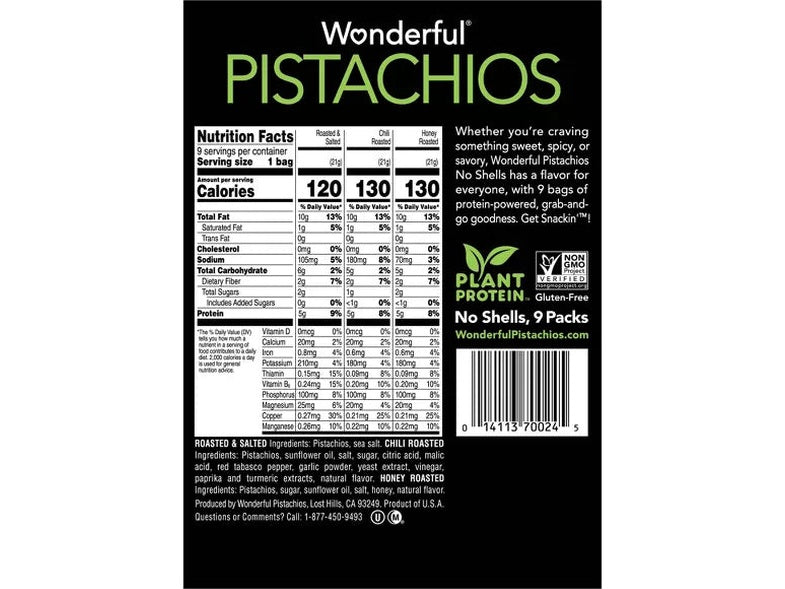 Wonderful Pistachios No Shell Variety Multipack, 0.75oz/9ct.