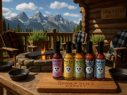 Fat Cat hot sauce bottles on wooden table outdoors, log cabin, mountains, campfire, Spice N Slice Market