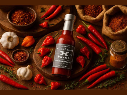 Horseshoe Brand xxxtra hot sauce bottle with red chili peppers, garlic, and spices in market setting