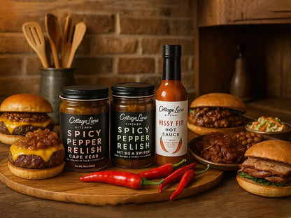 Cottage Lane Kitchen spicy pepper relishes and Hissy Fit hot sauce with chili peppers, burgers, and coleslaw on wooden board